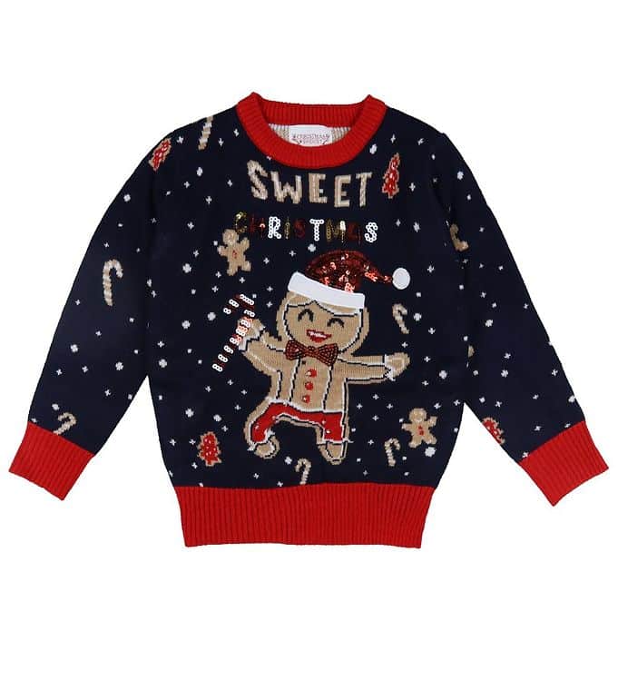 Optimistisk Bulk Let at ske Jule-Sweaters Bluse - Cute Cookie Man - Strik - Blå - 3-4 år (98-104) - Jule -Sweater Bluse - Julesweater til Dame