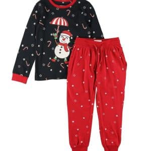Jule-Sweaters Nattøj - Flying Snowman - Sort/Rød - 11-12 år (146-152) - Jule-Sweater Nattøj - 2delt
