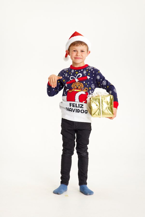 Årets julesweater: Feliz Navidog - Børn. Ugly Christmas Sweater lavet i Danmark