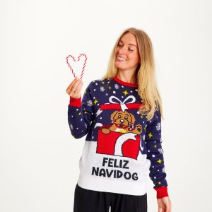 Årets julesweater: Feliz Navidog - dame / kvinder. Ugly Christmas Sweater lavet i Danmark