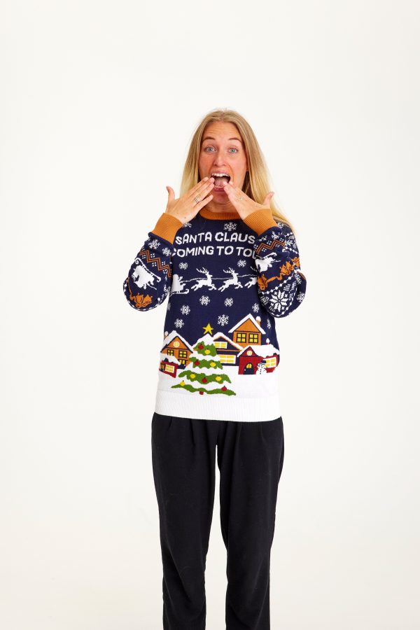 Årets julesweater: Santa Claus Is Coming To Town - dame / kvinder. Ugly Christmas Sweater lavet i Danmark