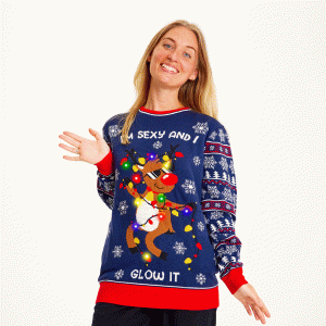 Årets julesweater: Sexy And I Glow It Blå - dame / kvinder. Ugly Christmas Sweater lavet i Danmark