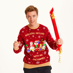 Årets julesweater: Walking Around With My Snowmies LED - herre / mænd. Ugly Christmas Sweater lavet i Danmark