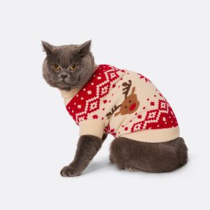 Rød Retro Rensdyr Julesweater til Katte